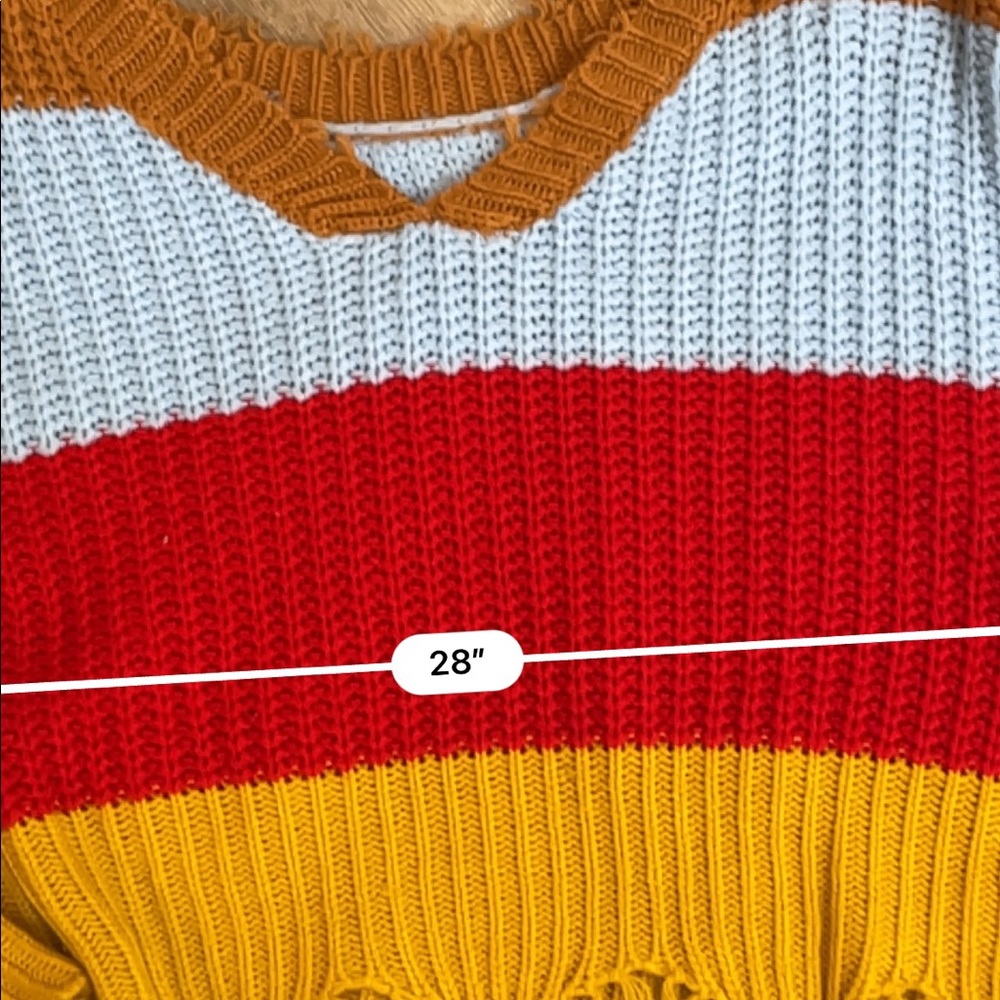 Colorblock striped red blue yellow ripped distressed sweater - Picture 5 of 5